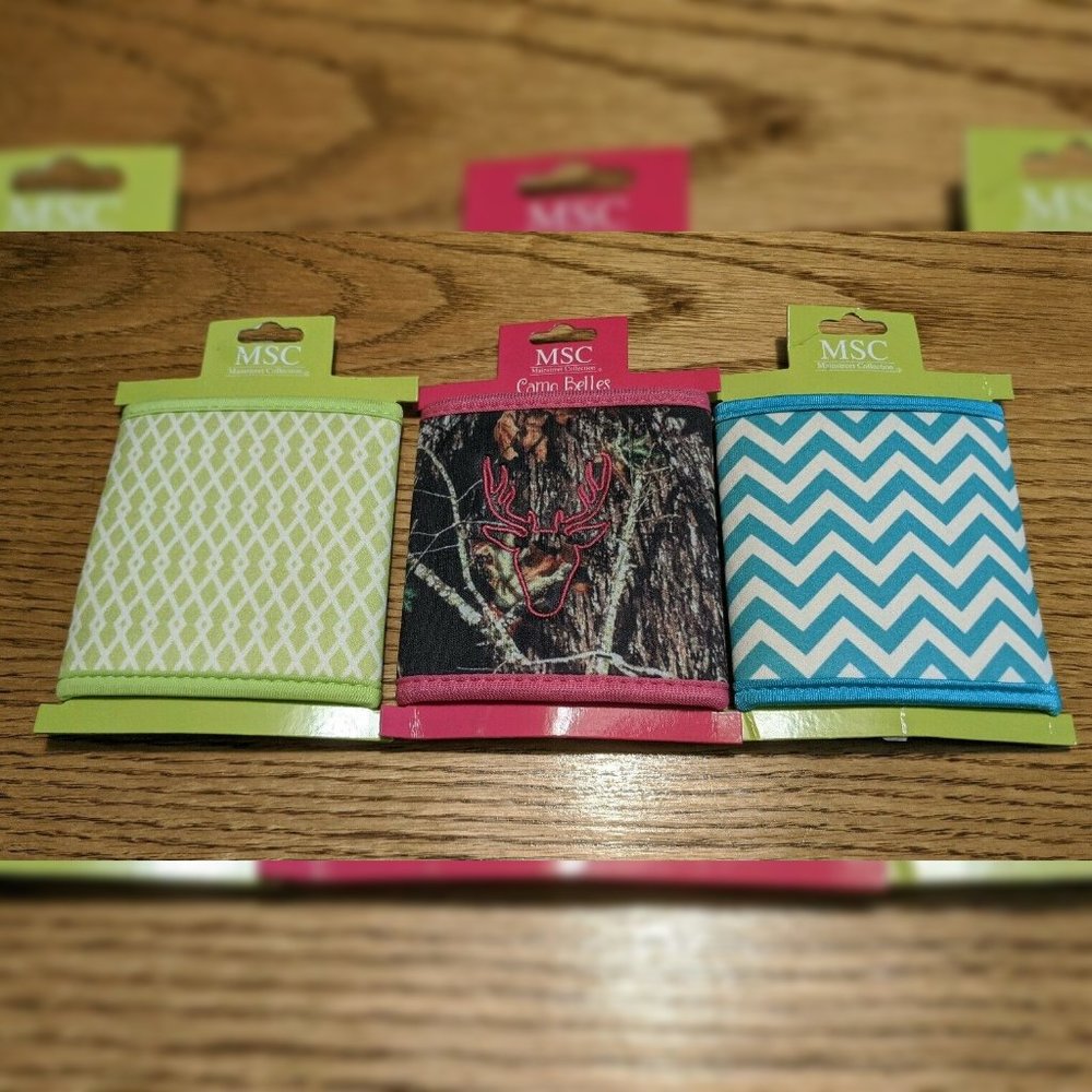 New NWT Hook and Loop Closure Koozie Drink Holder Set of 3 Camo Pink Blue Green